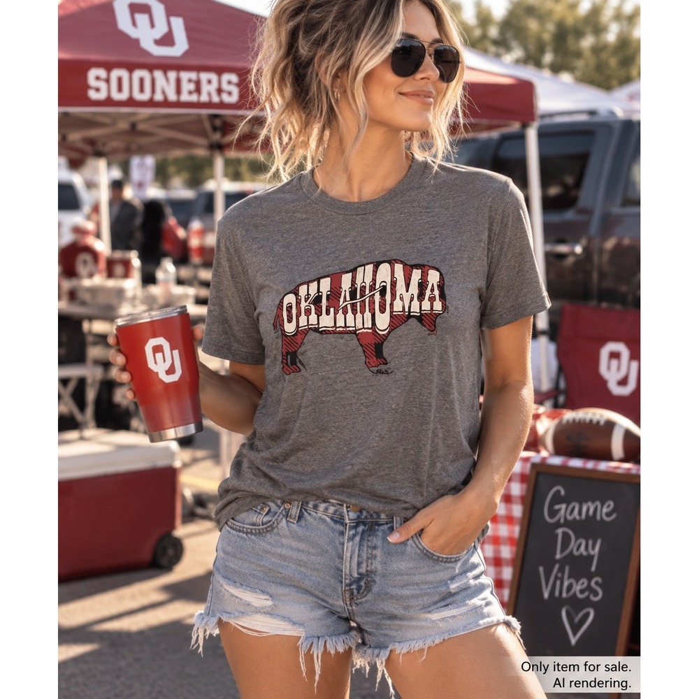 Oklahoma Buffalo Graphic T-Shirt S Gray Red Western Game Day State Pride Tee
